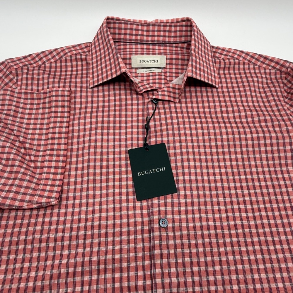 Bugatchi Mens Short Sleeve 8-Way Stretch Shirt Chili Red Check GF9469F40 M